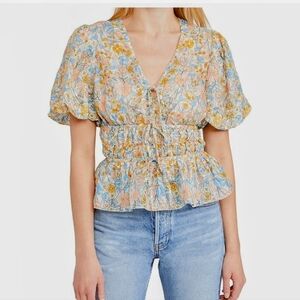 Shoshanna Floral Puff Sleeve Blouse in Blue and Cream